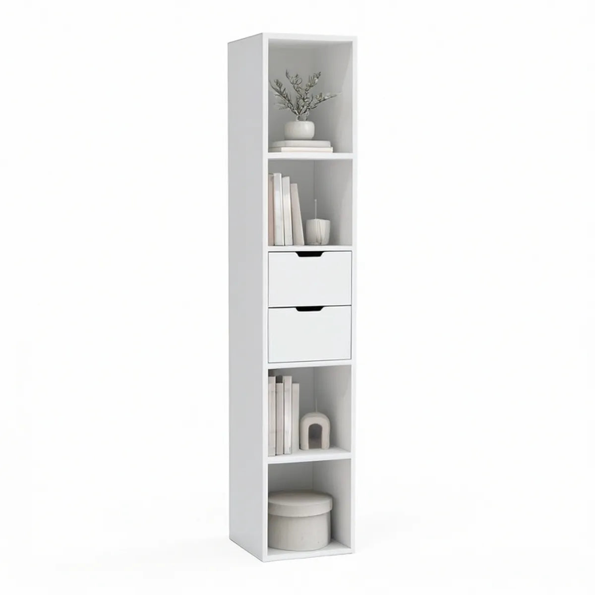 Estante Alta Branca em MDF com 4 Nichos e 2 Gavetas, 40 x 30 x 180 cm