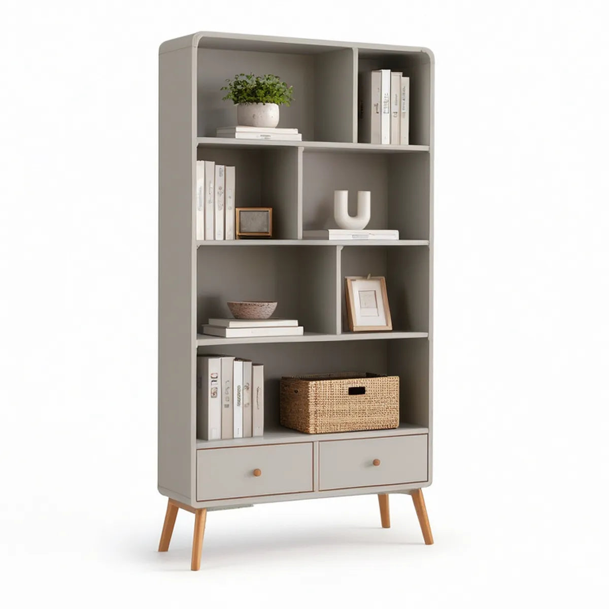 Estante em MDF Cinzento Taupe com 2 Gavetas e Pés em Madeira, 80 x 35 x 180 cm