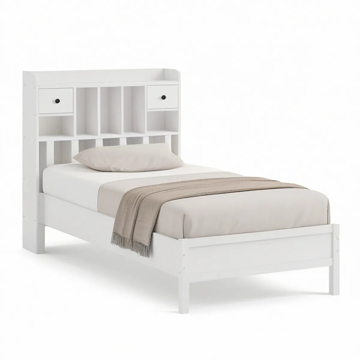 Cama Individual Branca com Cabeceira de Arrumação em MDF, 90 x 190 cm