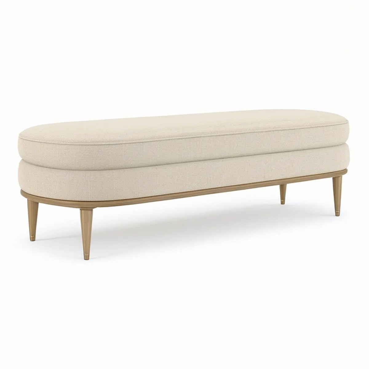 Banco Oval Estofado em Bouclé Bege com Pés em Madeira Maciça, 140 x 45 x 45 cm