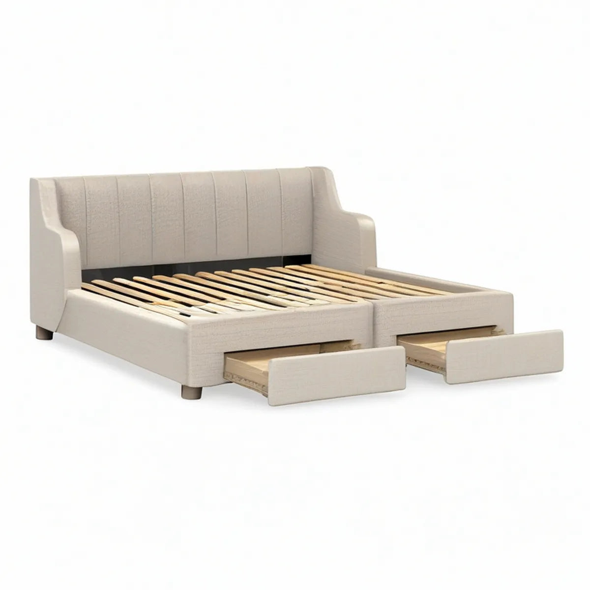 Cama de Casal Estofada Bege com 2 Gavetas, para Colchão 160 x 200 cm
