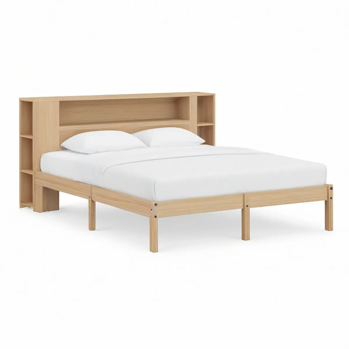 Cama de Casal 160 x 200 cm em Madeira de Pinho Natural com Cabeceira de Arrumação